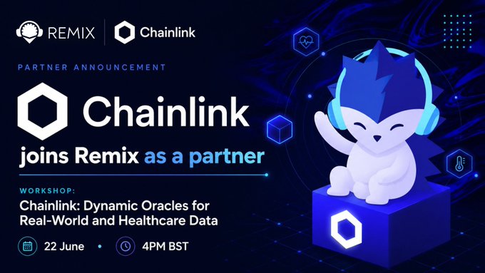 The image features a poster with a cartoon owl sitting atop a blue cube, surrounded by various symbols related to the remix AI bootcamp. The text on the poster reads "chainlink joins remix as a partner", indicating that the event is focused on collaboration between the chainlink company and the remix AI company. The poster also includes details about the workshop, such as the date (22 June) and the time (4PM BST).