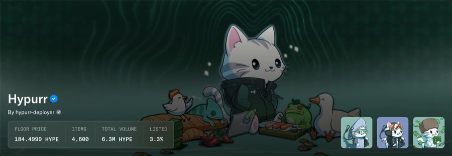 The image is a screenshot of an NFT collection listing for "Hypurr" with a floor price of 184.4999 HYPE, 4,600 items, and 6.3M HYPE total volume, featuring a cute cartoon white cat mascot surrounded by other small animal characters. The image directly relates to the post, as the user is considering buying a Hypurr NFT as their first NFT purchase since selling their Dego collection, comparing it to Stonkbroker as an option.