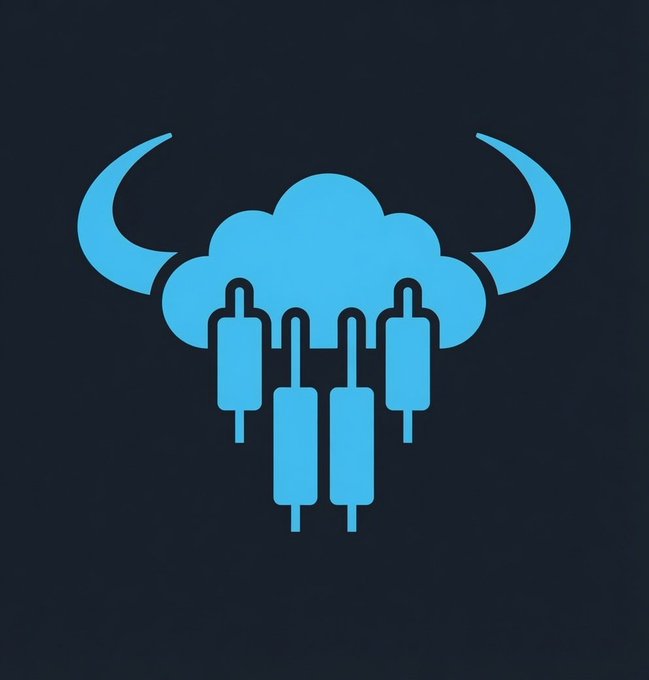 A blue icon featuring a cloud shape flanked by two bull horns, with financial candlestick patterns integrated below, combining into the silhouette of a bull's head to symbolize bullish market sentiment for ICP Multidex cloud-based trading.
