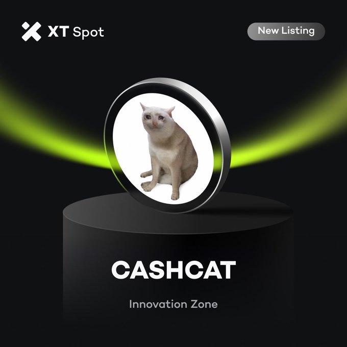 A promotional graphic for XT Spot featuring a new listing called 'CASHCAT' in the Innovation Zone, with a cat sitting inside a circular emblem.