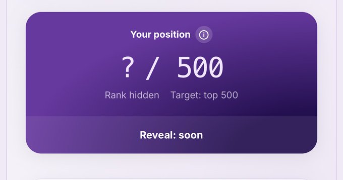 A purple waitlist status card displays "Your position ? / 500" with "Rank hidden" and "Target: top 500," alongside a "Reveal: soon" button. The image visually represents the hidden ranking system described in the post, where users connect their X account to climb the leaderboard without seeing their exact position.