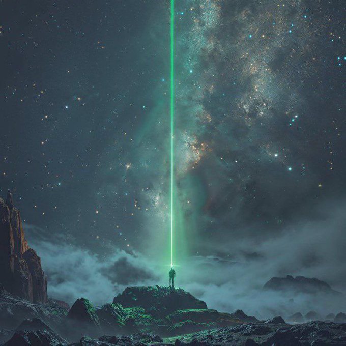 A lone figure stands atop a rocky peak beneath a vast starry sky, illuminated by a powerful green laser beam piercing upward into the cosmos, evoking a sense of reaching for astronomical heights—mirroring the post's bold XRP price target of $589.
