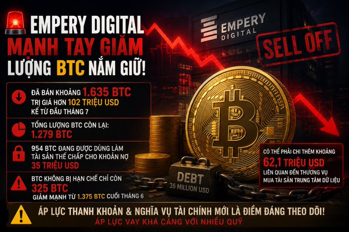 An informational graphic titled 'EMPERY DIGITAL' with Vietnamese text warning that the company has aggressively sold off 1,635 BTC (valued over 102 trillion VND) since the beginning of July, with their total holdings reduced to 1,279 BTC.