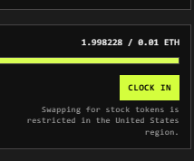 The image shows a swap interface displaying "1.998228 / 0.01 ETH" with a "CLOCK IN" button, alongside a warning that "Swapping for stock tokens is restricted in the United States region." This relates to the post by highlighting the $CLOCKIN token swap, suggesting stonkbroker holders are positioned to benefit from the launch.