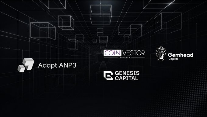 A dark, tech-inspired graphic with wireframe cubes displays the logos of strategic investors in Adapt ANP3 (AdaptHF): CoinVestor, Gemhead Capital, and Genesis Capital, visually confirming the announcement of their investment in the project.