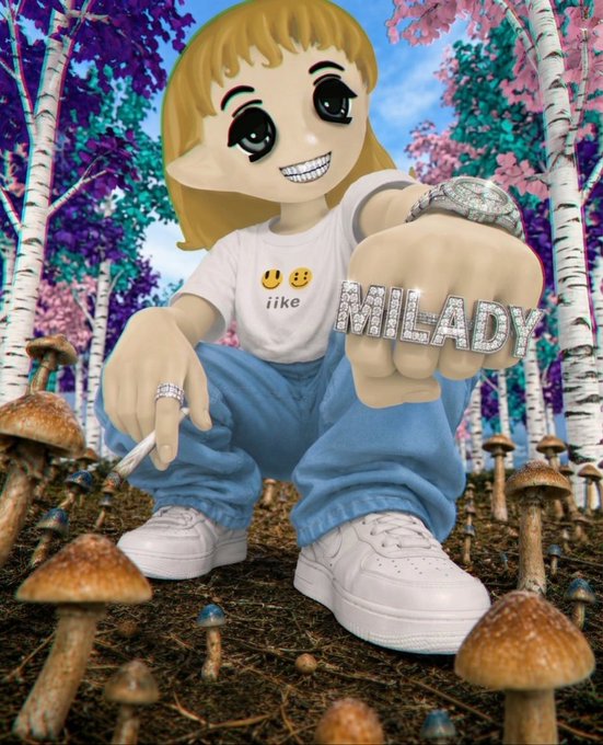 A cartoon character with oversized eyes and a wide grin crouches in a mushroom-filled fantasy forest, wearing a shirt reading "iike," flexing a chunky "MILADY" ring, and holding a blunt—visually echoing the post's irreverent crypto wishlist of riches, good looks, and rivals becoming "exit liquidity."