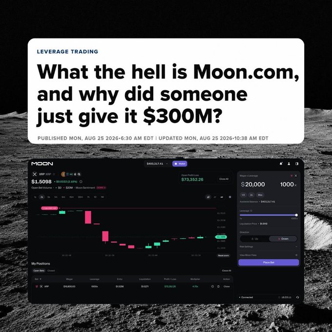 An article header reading 'What the hell is Moon.com, and why did someone just give it $300M?' with the label 'LEVERAGE TRADING,' showing a screenshot of the Moon.com crypto trading dashboard against a lunar surface background.