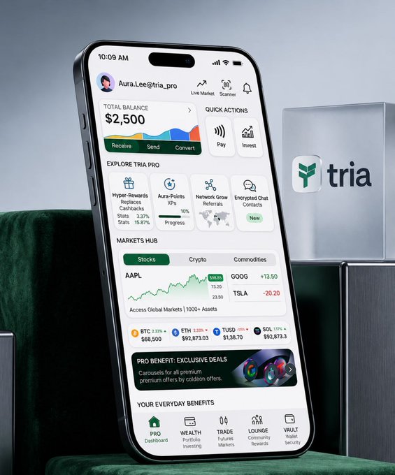 Smartphone displaying the 'tria' financial app dashboard showing user 'Aura.Lee@tria_pro' with a $2,500 total balance, market tickers (AAPL, GOOG, TSLA, BTC, ETH, TUSD, SOL), and a Tria-branded cube on a green surface.