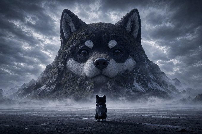 A surreal scene shows a small black dog standing on a barren plain, facing a massive mountain shaped like a Shiba Inu's head beneath a cloudy sky.