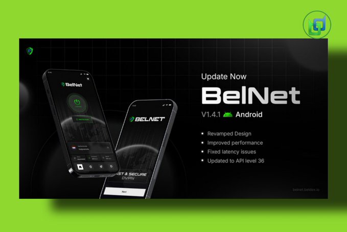A promotional banner for 'BeINet VPN' v1.4.1 Android update highlights 'Revamped Design,' 'Improved performance,' 'Fixed latency issues,' and 'Updated to API level 36' against a black and green background.