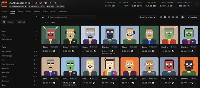 A screenshot of StonkBrokers, a pixel-art NFT trading platform on the Kubecoin chain, displaying a marketplace of pixelated character Stonks with various traits and prices ranging from 9 to 12 ETH.