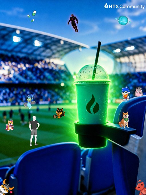The image shows a glowing green drink with the "HTX Community" logo and various crypto-themed cartoon characters on a stadium field, aligning with the post about the "HTX lineup" for trading.