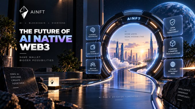 A futuristic promotional graphic for 'AINFT' with text including 'THE FUTURE OF AI NATIVE WEB3', 'SAME WALLET BIGGER POSSIBILITIES', 'AI MORE USERS MORE POSSIBILITIES', 'OWN, AI EXPLORE CREATE TOGETHER', 'AI WORLD FOR EVERYONE', 'ACCESS WITH YOUR WALLET', 'BUILT FOR THE COMMUNITY', 'OPEN. SECURE. TRANSPARENT', 'POWERING A SMARTER WEB3 ECOSYSTEM', 'A MORE INTELLIGENT WEB3', 'INTELLIGENCE OWNERSHIP OPPORTUNITY', and 'AI FOR A BRIGHTER TOMORROW'.