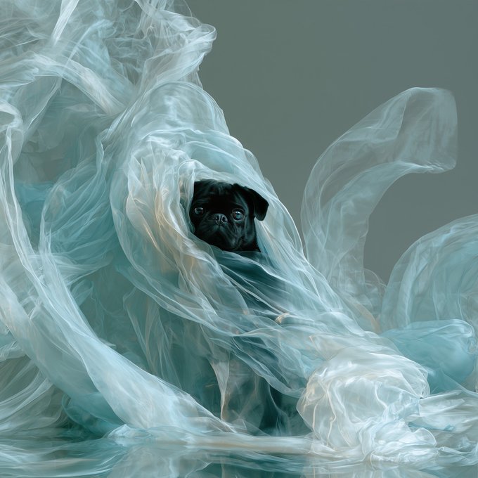 An artistic photograph of a black pug puppy's face peering through swirling, translucent light blue plastic fabric against a muted teal background.
