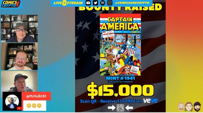 A Comics and Crypto livestream screenshot featuring multiple participants on the left and a Captain America comic cover ('Mint #1941') priced at $15,000 on the right.