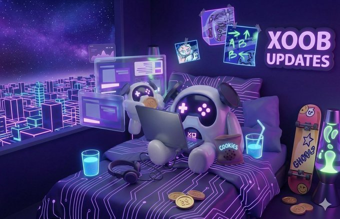 The image features a cartoon character sitting on a bed with a laptop computer next to them. The scene takes place in a bedroom setting, which has purple walls and neon lights. There are also two other cartoon characters present in the room - one is sitting on the bed while the other is standing near it. A skateboard can be seen placed nearby as well.

The image includes text that reads "XOOB Updates" and "quip network". The post seems to discuss how Web3 is working towards making products feel more approachable for everyday users, with a focus on creating user-friendly experiences from the very beginning of their journey.
