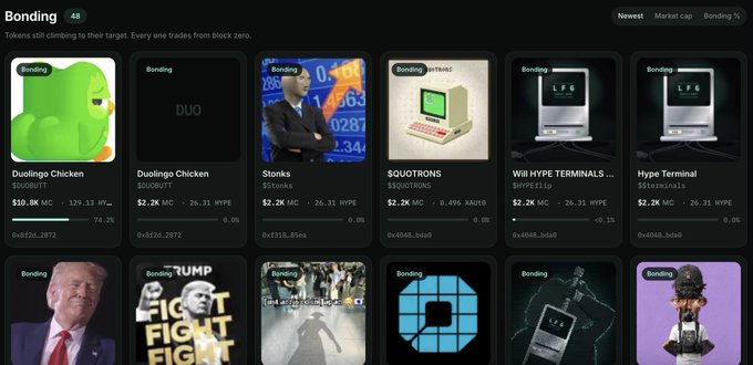 A cryptocurrency bonding website showing various tokens including 'Duolingo Chicken' ($DUOBUTT), 'Stonks', 'SQUOTRONS', 'Will HYPE TERMINALS', and 'Hype Terminal' with their market caps in HYPE.