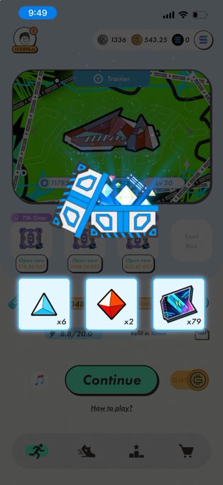 A mobile phone screenshot of a mobile game interface showing a green map area, several open chest icons, and reward previews including a blue triangle 'x6', a red diamond 'x2', and a crystal 'x79' above a 'Continue' button.