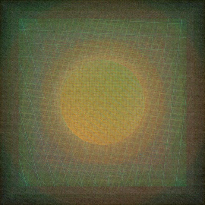 A glowing golden-orange sun radiates light across a textured green and dark square canvas, with delicate linear striations creating a web-like pattern—evoking the celestial atmosphere of a solar eclipse as referenced in the accompanying post about Matt Kane's "Gazers" piece from the Grail Capital collection.