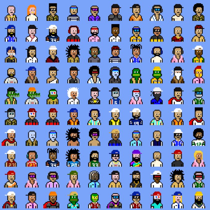 A grid displaying numerous small pixel art avatars of diverse characters against a light blue background.