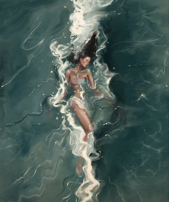 This image captures a serene moment of a woman seemingly merging with the sea, evoking the essence of a Nereid—a sea nymph from Greek mythology—at one with the ocean. The post title "GM, world 'Nereid, in the forming of the wave'" suggests a thematic connection to myth and nature's artistry. The form and mood of the portrait reflect the fluidity and grace of a wave in formation, while the watercolor technique enhances the dream-like and ephemeral quality of the sea nymph's existence. This artwork, shared on @manifoldxyz, invites onlookers to ponder the beauty of the natural world and the mythical figures that have long captured human imagination, with an anticipation for an art connoisseur's perspective.