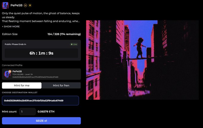 The image features a screenshot of a website displaying the details about the GM frens and how they can be used to mint Super for cancer treatment and research. The background includes an illustration depicting a ghost-like figure walking across a bridge, surrounded by buildings, adding a unique element to the scene. The text on the page emphasizes that there are only 6 hours left to mint before the event ends, with 50% of artist share being donated towards cancer research.