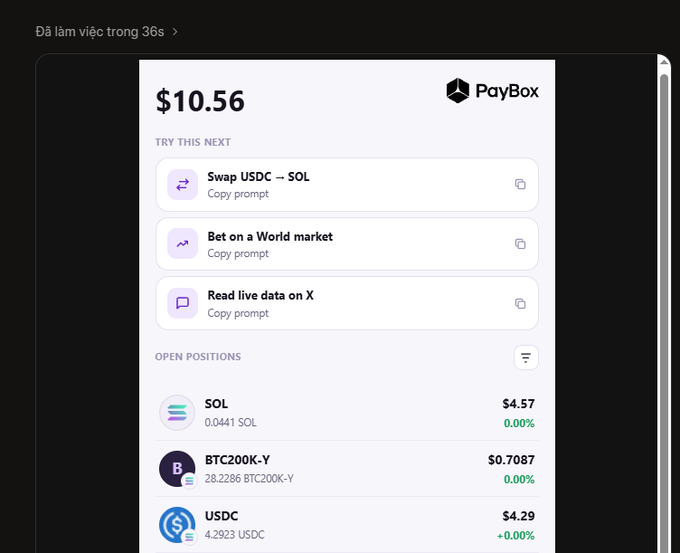 A 'PayBox' interface showing a balance of '$10.56' with suggested actions to 'Swap USDC → SOL', 'Bet on a World market', and 'Read live data on X', plus open positions for SOL, BTC200K-Y, and USDC.