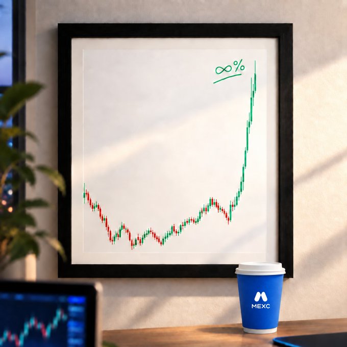 A framed "to the moon" style crypto chart with an infinity percent symbol sits on the wall above a desk with a MEXC coffee cup, symbolizing limitless gains. The infinity % caption paired with the MEXC branding playfully answers the post "Which coin deserves the frame?" by promoting MEXC as the platform where those parabolic gains happen.