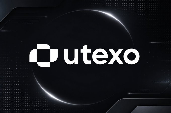 A sleek dark promotional graphic displaying the white 'utexo' logo with a stylized 'U' icon against a futuristic black background with light effects.