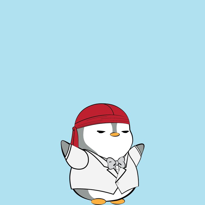 A cartoon penguin with a red bandana and gray suit stands against a plain light blue background, displaying a deadpan expression.