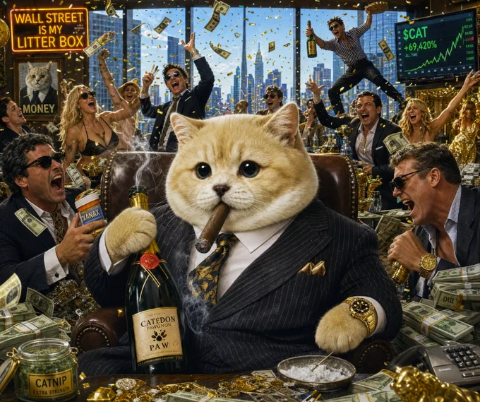 A humorous AI-generated image shows a cat in a pinstripe suit smoking a cigar and holding champagne, surrounded by cheering people, falling money, a stock ticker reading '$CAT +69.420%', and a neon sign saying 'WALL STREET IS MY LITTER BOX.'