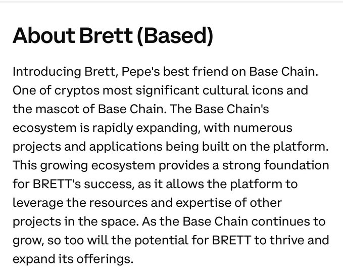 An informational text snippet titled "About Brett (Based)" introducing $BRETT as Pepe's best friend and the mascot of Base Chain, emphasizing the expanding Base Chain ecosystem as a foundation for the token's success. The caption aligns with the post's description of Brett as the mascot of @base.