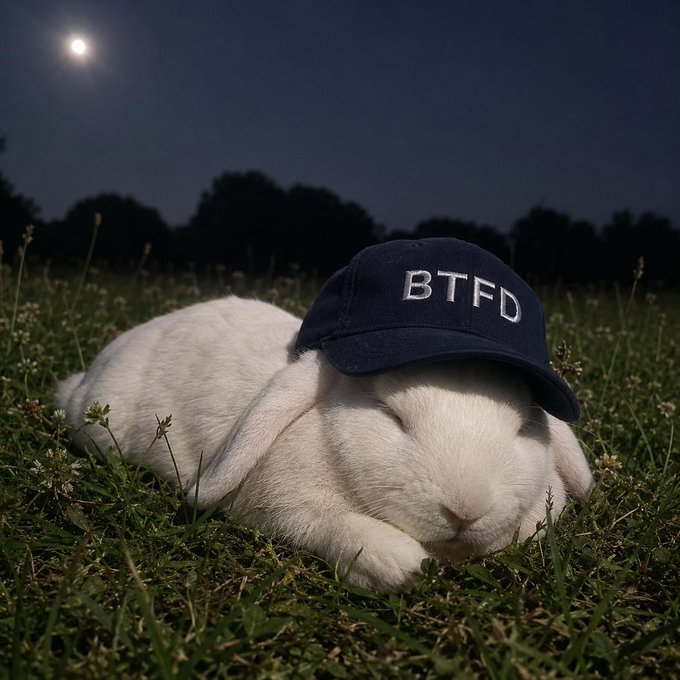This image depicts a white rabbit wearing a black baseball cap that reads "BTFD" lying comfortably on grassy ground under a moonlit sky. The caption of the image provides information about the rabbit's activities and suggests an affectionate, nighttime setting for the adorable bunny in a garden or park-like environment.