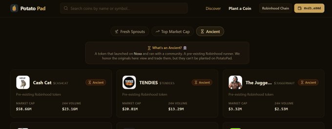 The Potato Pad homepage displaying 'Ancient' pre-existing Robinhood tokens, featuring Cash Cat ($58.66M cap), TENDIES ($20.81M cap), and The Jugge... ($3.32M cap), with a search bar for coins and buttons for Fresh Sprouts, Top Market Cap, and Ancient.