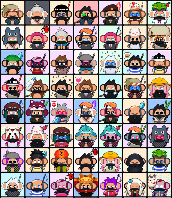 A grid display of various cartoon monkey NFT characters, each wearing different hats, masks, and outfits in a colorful collection.