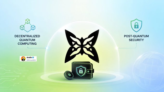 A digital graphic featuring a butterfly-like logo with the text 'DECENTRALIZED QUANTUM COMPUTING' on the left and 'POST-QUANTUM SECURITY' on the right, including a small label 'Arefin @rhonfr823' and a wallet with a lock symbol at the bottom.