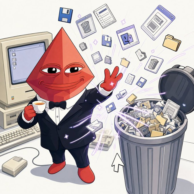 An illustration shows the Ethereum mascot dressed in a black tuxedo, holding a teacup, and making a peace sign while digital files and folders are thrown into a large trash can next to an old desktop computer.