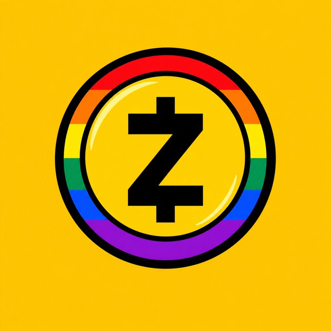 The Zcash cryptocurrency logo, a black 'Z' symbol, is centered within a rainbow-colored circle on a yellow background.