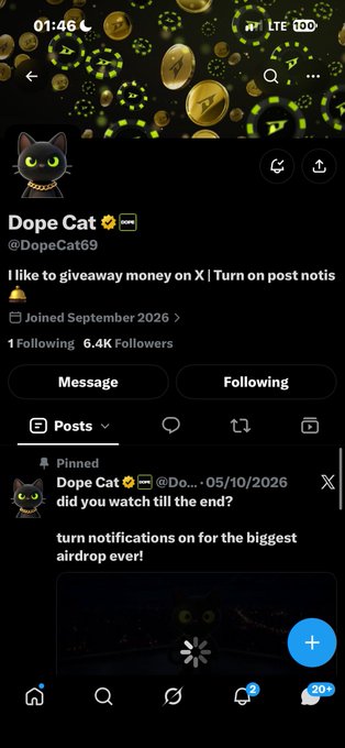 A Twitter/X profile screenshot shows the account 'Dope Cat' (@DopeCat69) with a black cat avatar wearing a gold chain, announcing a giveaway with a pinned post mentioning an airdrop on 05/10/2026.