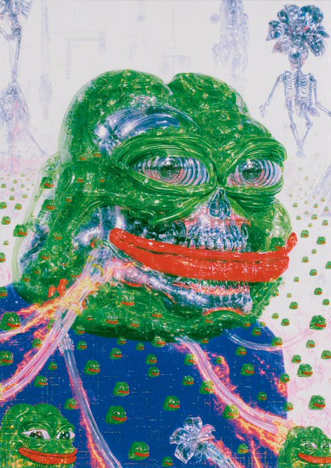 Mixed-media artwork featuring a large green distorted face/sculpture with red lips over a background of smaller repeating green faces and skeletal figures.