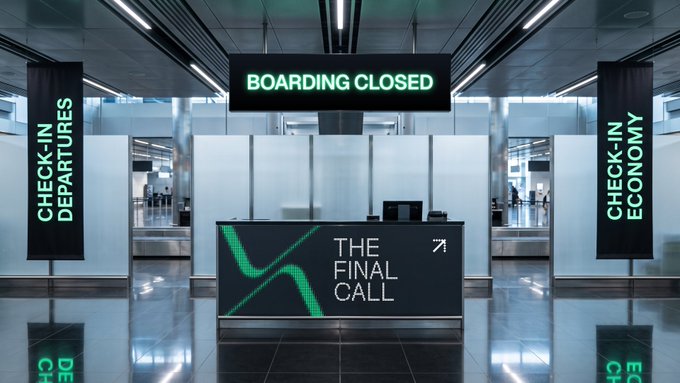 An empty airport check-in counter displays "BOARDING CLOSED" signs alongside a desk marked "THE FINAL CALL," symbolizing the end of a trading competition that collectively surpassed $900M in trading volume.