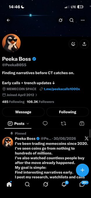 Twitter/X profile page for 'Peeka Boss' (@PeekaB0SS), a MEMECOIN SPACE account joined April 2012 with 485 Following and 108.3K Followers, featuring a pinned post about trading memecoins.