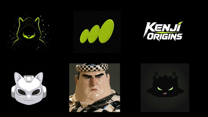 Six upcoming NFT project logos displayed in a 3x2 grid, featuring hooded figures, a checkered hat character, and cat-like mascots with the "Kenji Origins" text visible, corresponding to the six mints referenced in the post.
