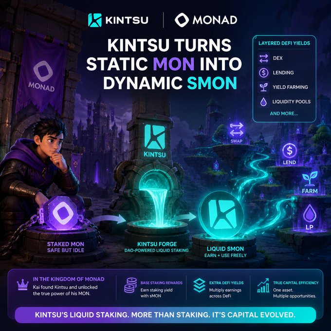 In the image, there is a poster or advertisement for an investment platform called Kintsu that is used for loans. The main character appears to be a man dressed as a knight wearing a purple outfit and helmet, holding onto a shield with his left hand while resting his right on a rock formation. The background of the image features various illustrations and text about the platform's capabilities, including its ability to lend money through dynamic SMoons and the potential returns it offers for users.

The main focus of this visual advertisement is on how Kintsu has revolutionized lending by providing a stable stream of liquid assets in exchange for tokens or coins. The post mentions that these tokens can be used as leverage, allowing investors to make capital gains when trading them. Additionally, there are other symbols such as the kittusku logo and an illustration of a castle surrounded by a lake, which further emphasize the platform's nature as a lending-related investment offering in the digital financial world.