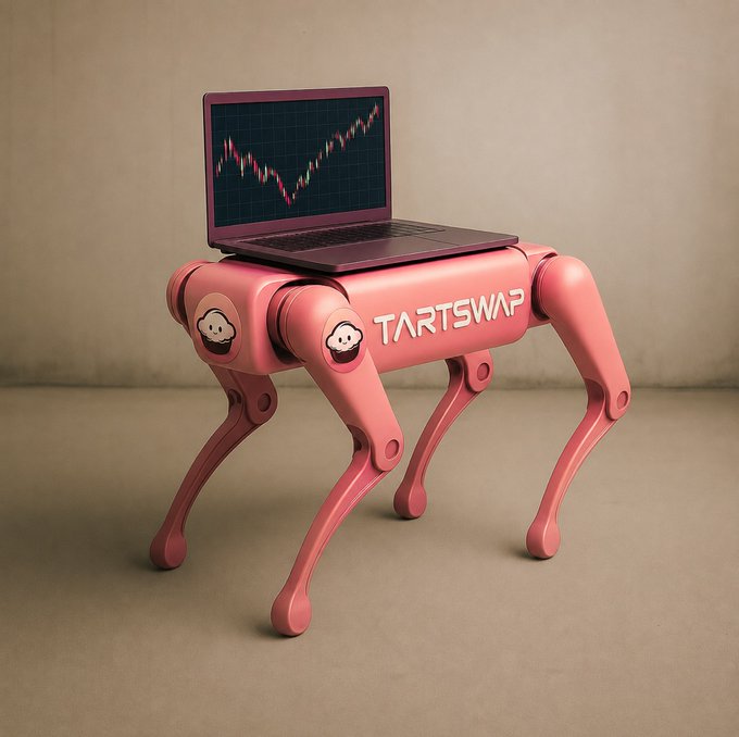 A pink quadrupedal robot carries a laptop displaying a bullish crypto candlestick chart, with the brand name "TARTSWAP" emblazoned on its side and cupcake logos adorning its joints—visually promoting the $TART token launch teased in the post.
