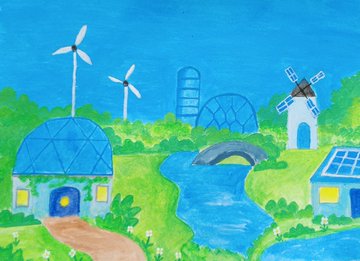 A childlike watercolor painting depicting a green eco-friendly town with wind turbines, solar-paneled houses, a windmill, a river with a bridge, and a ferris wheel under a blue sky.