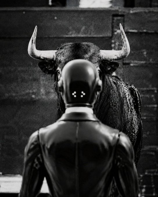 A humanoid robot with a sleek black exterior and illuminated dots on its back of head stands facing a large bull with prominent horns in a black-and-white setting. The imagery reinforces the post's message about staying steady during a bull run by suggesting an AI agent quietly analyzing the bullish scene.