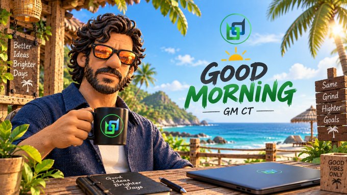 A 'Good Morning GM CT' motivational graphic featuring a 3D-rendered man with sunglasses holding a branded mug at a tropical beachside desk.