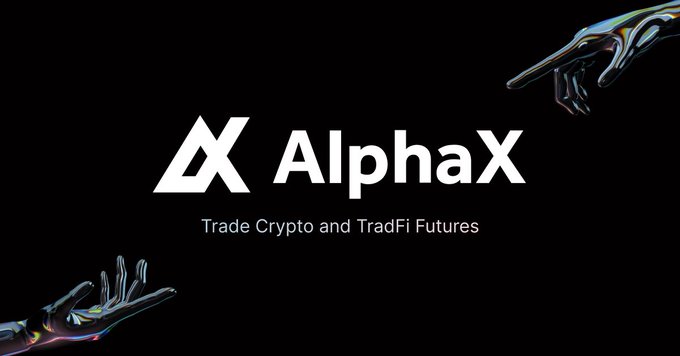 The AlphaX logo appears on a black background with the tagline 'Trade Crypto and TradFi Futures' flanked by iridescent chrome hand graphics.