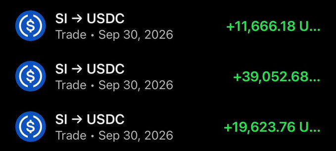 The image shows three consecutive SI → USDC trade transactions dated Sep 30, 2026, with positive returns of +11,666.18, +39,052.68, and +19,623.76 (likely USDC), suggesting recent successful crypto trades. This appears to be evidence of trading profits being used to fund a $15 SOL giveaway, as the displayed gains contradict the modest prize amount mentioned in the post.